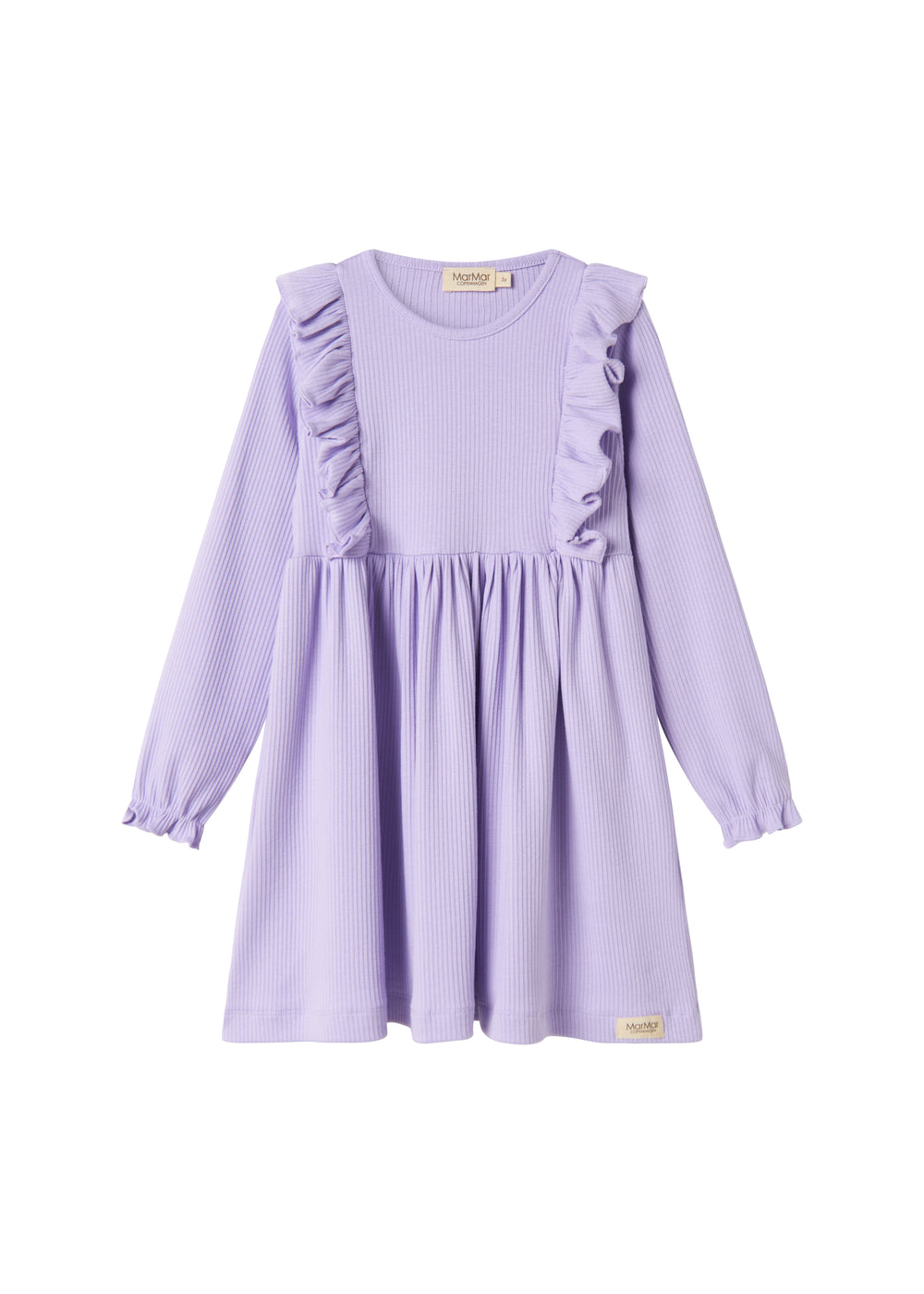 Langærmet lilla ribstrikket kjole med flæser til børn