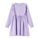Langærmet lilla ribstrikket kjole med flæser til børn