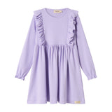 Langærmet lilla ribstrikket kjole med flæser til børn