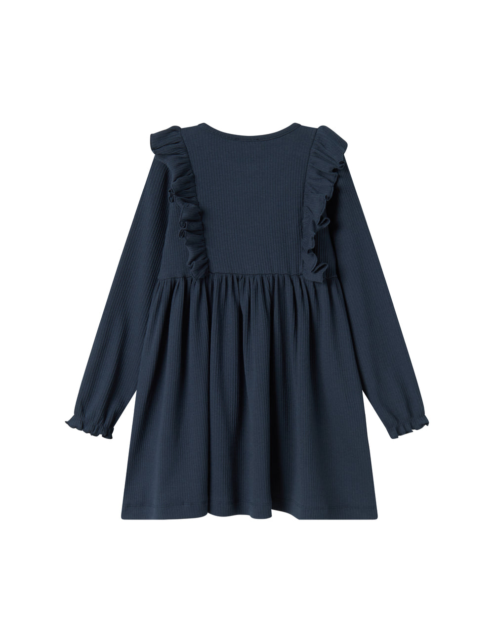Langærmet navyblå ribstrikket kjole med flæser til børn