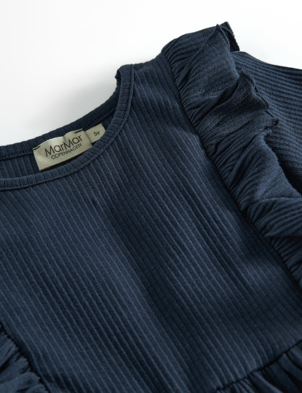 Langærmet navyblå ribstrikket kjole med flæser til børn