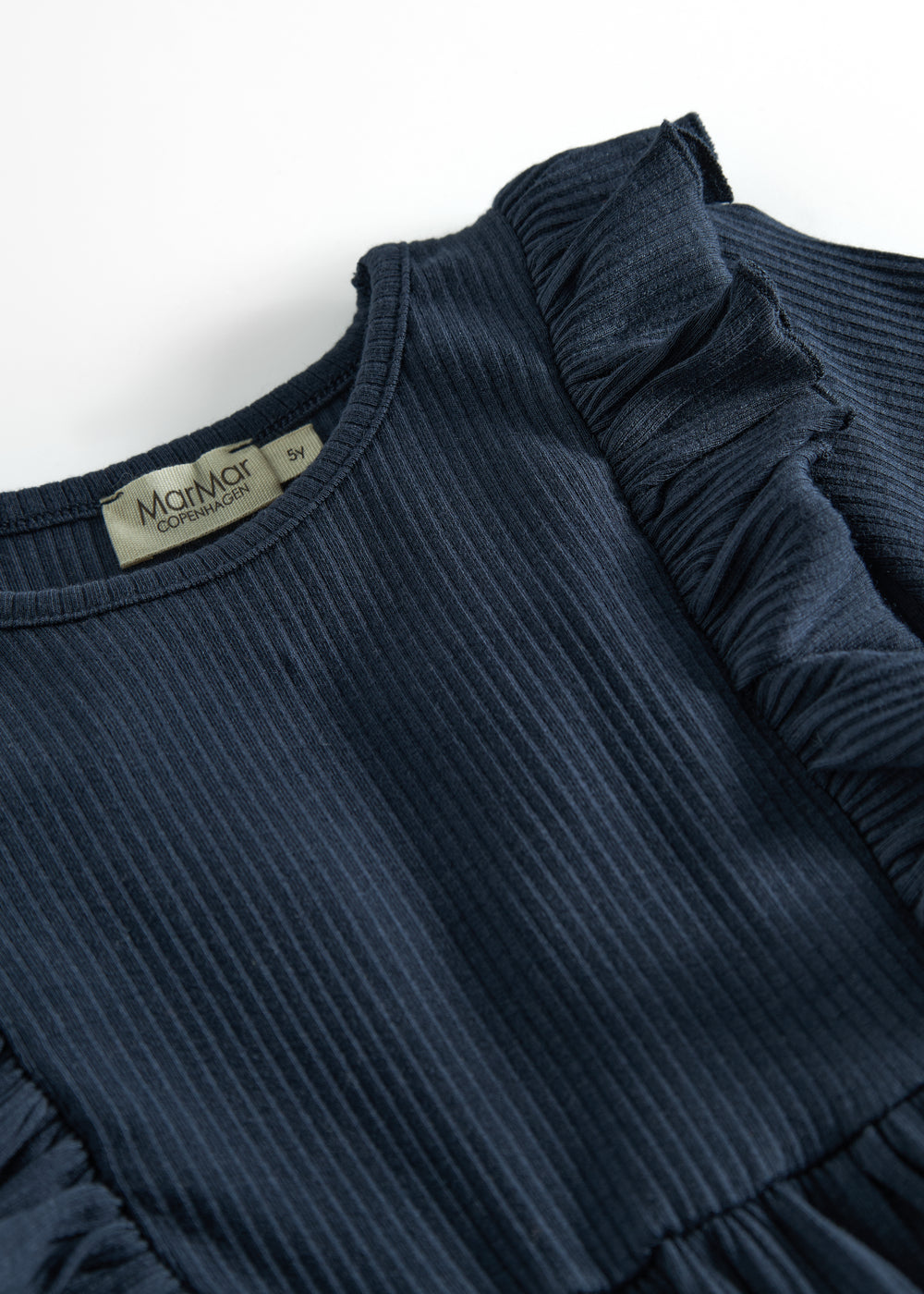Langærmet navyblå ribstrikket kjole med flæser til børn