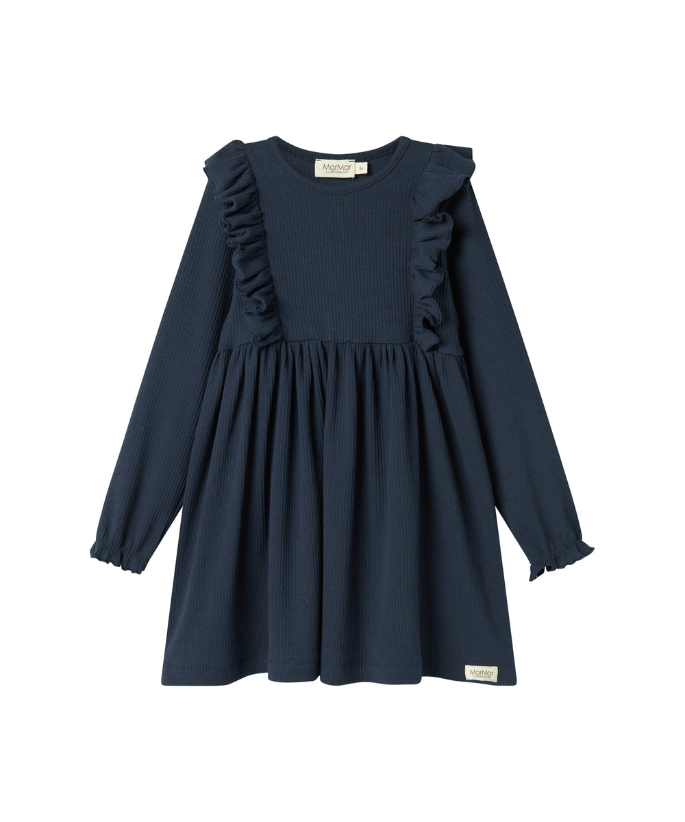Langærmet navyblå ribstrikket kjole med flæser til børn
