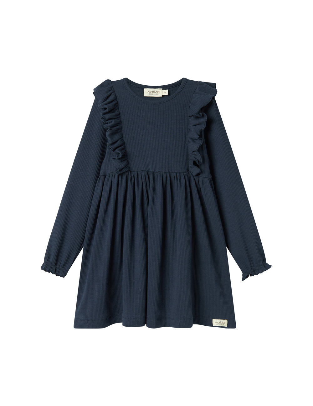 Langærmet navyblå ribstrikket kjole med flæser og MarMar label til børn