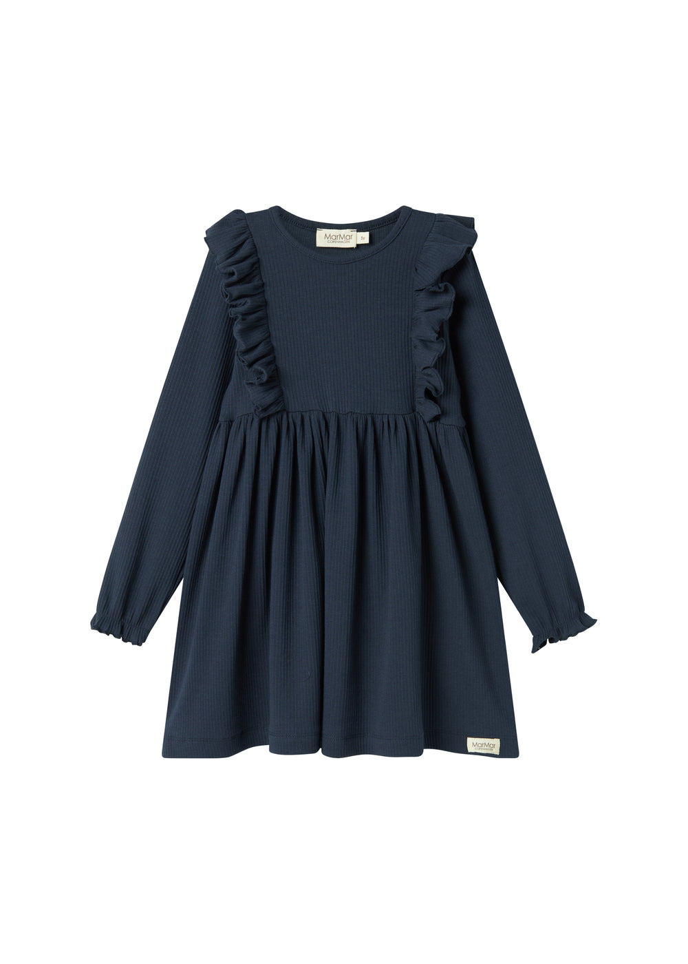 Langærmet navyblå ribstrikket kjole med flæser til børn