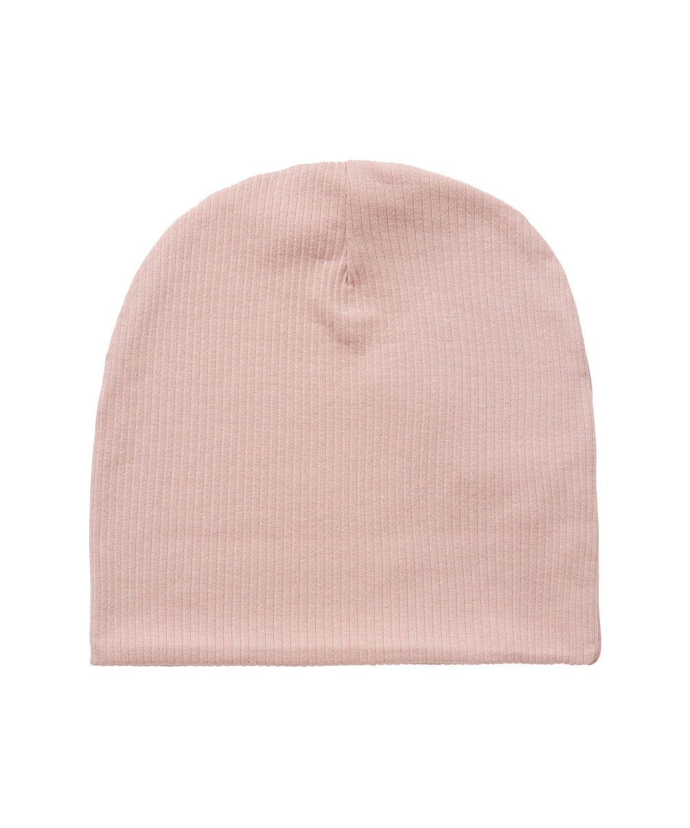 Ribstrikket lys rosa børnehue set forfra