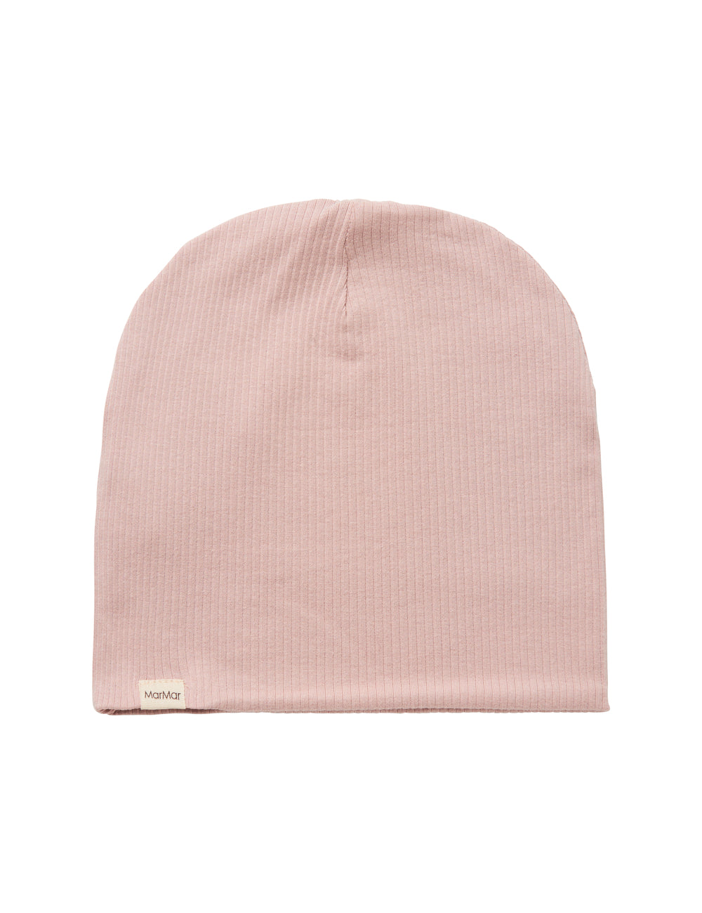 Ribstrikket lys rosa børnehue med lille mærke