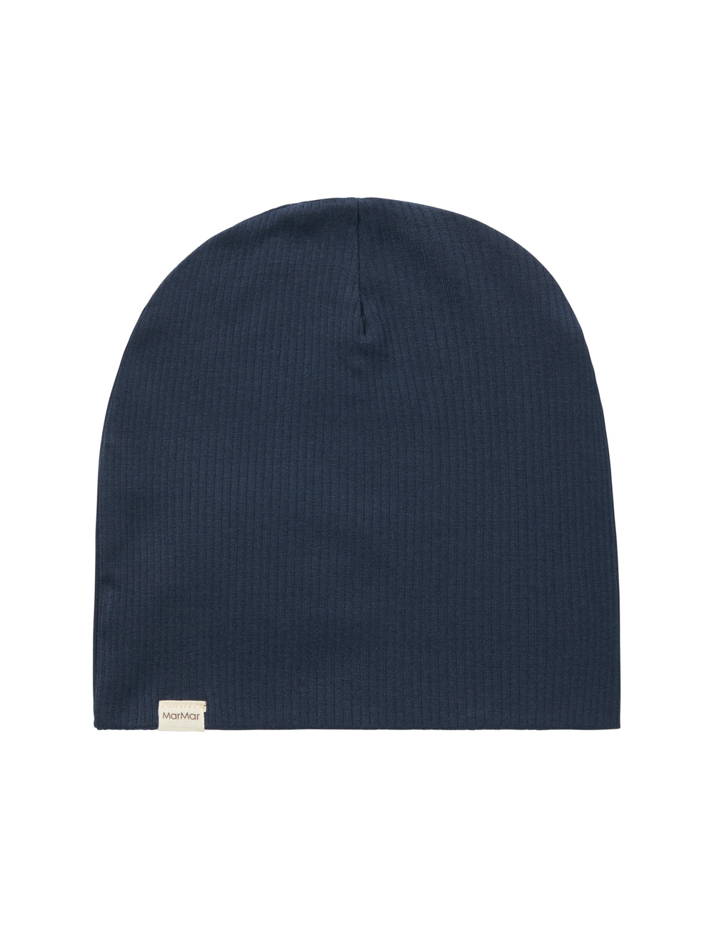 Detalje af navy blå ribstrikket stof på børnehue