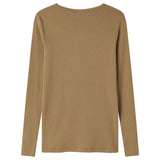 Langærmet ribstrikket brun t-shirt  til kvinder