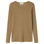 Langærmet ribstrikket brun t-shirt  til kvinder