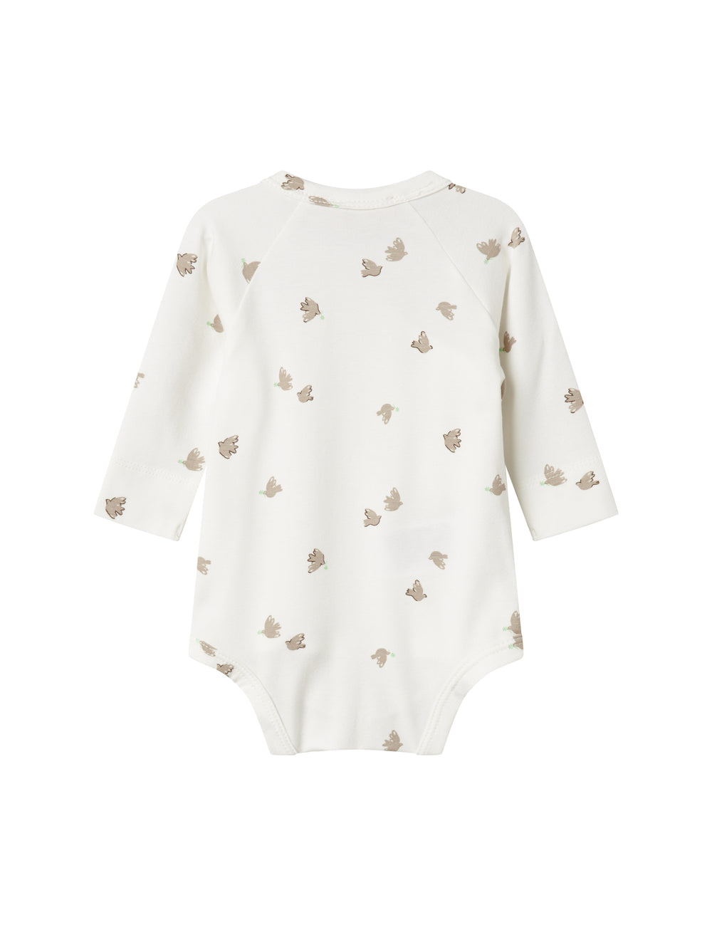 Langærmet bodystocking til nyfødte med slå-om-lukning og fuglmønster