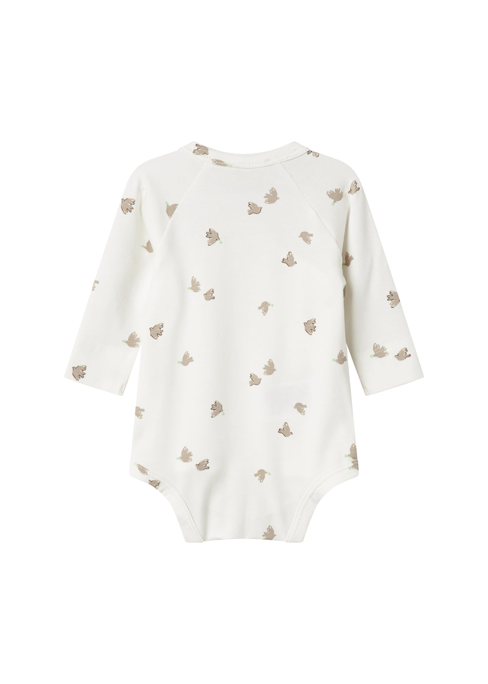 Langærmet bodystocking til nyfødte med slå-om-lukning og fuglmønster