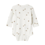 Langærmet bodystocking til nyfødte med slå-om-lukning og fuglmønster