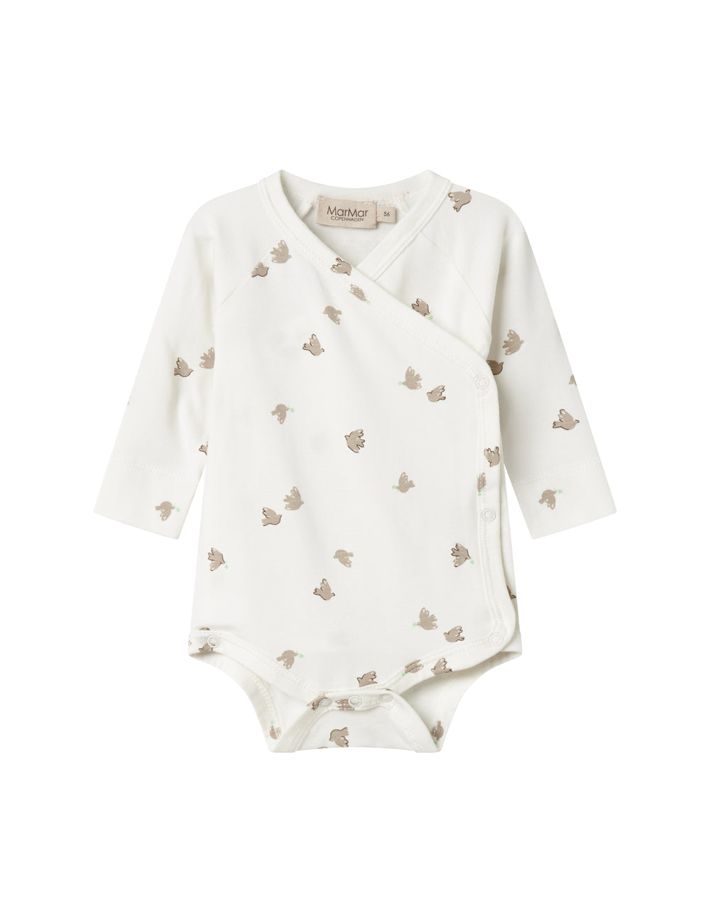 Long-sleeved bodystocking for newborns with wrap-around closure and bird pattern