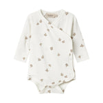 Langærmet bodystocking til nyfødte med slå-om-lukning og fuglmønster