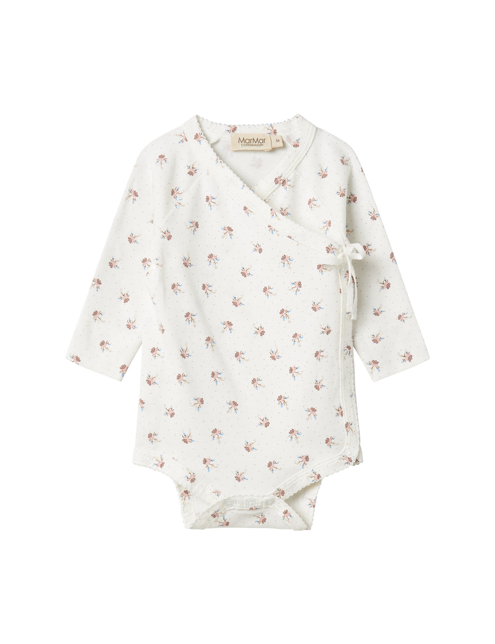 Long-sleeved bodystocking for newborns with wrap-around closure and floral pattern