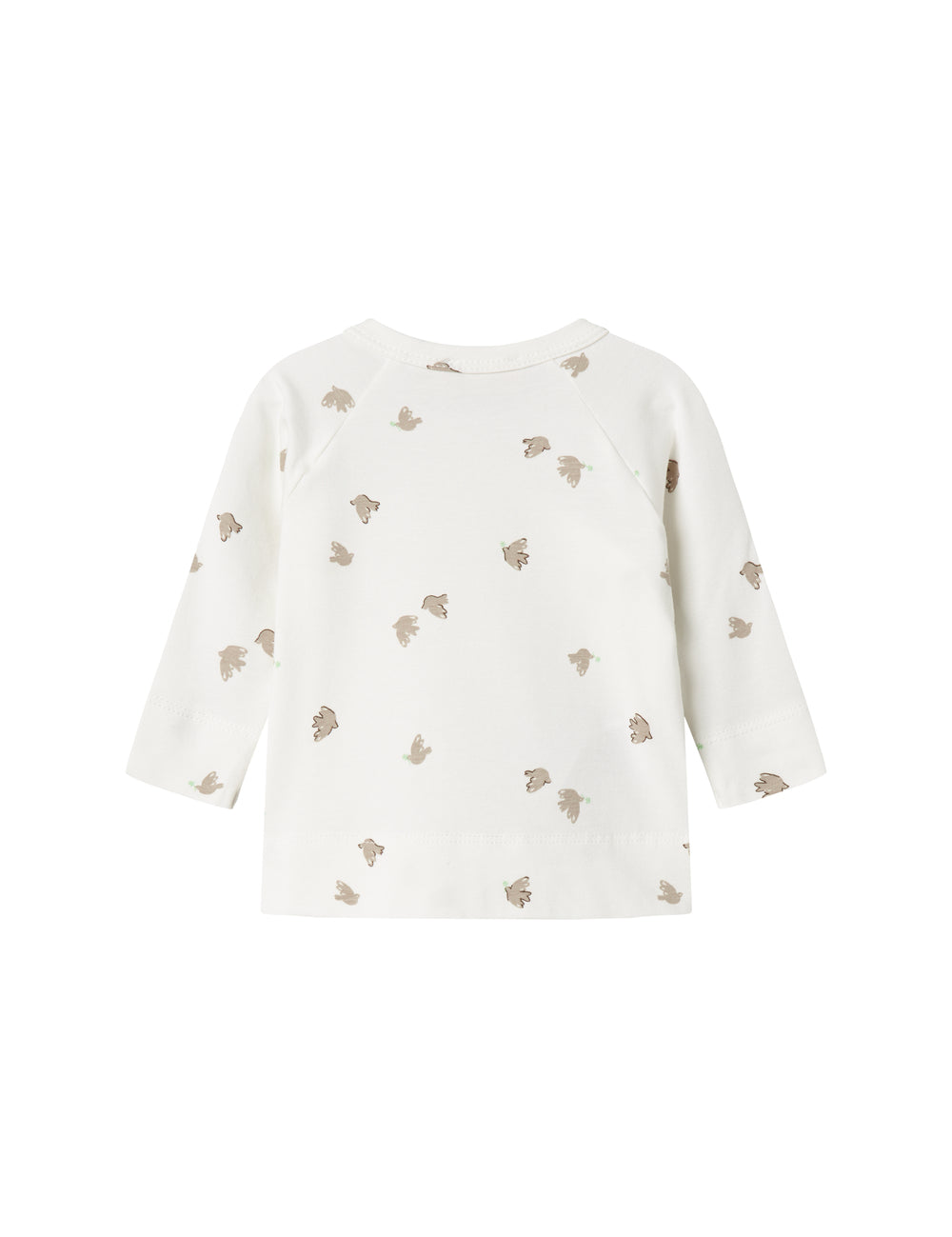 Langærmet bluse til nyfødte med slå-om-lukning og fuglmønster
