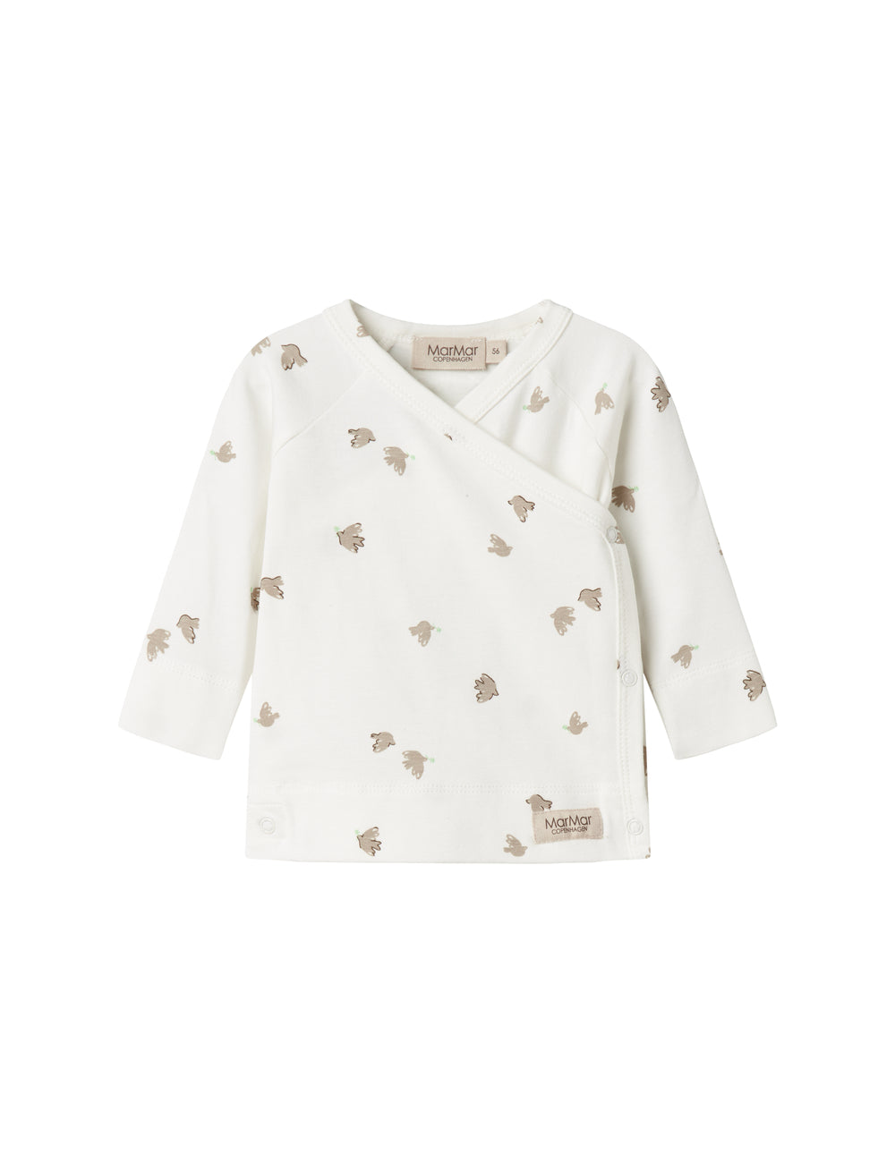 Long-sleeved blouse for newborns with wrap-around closure and bird pattern