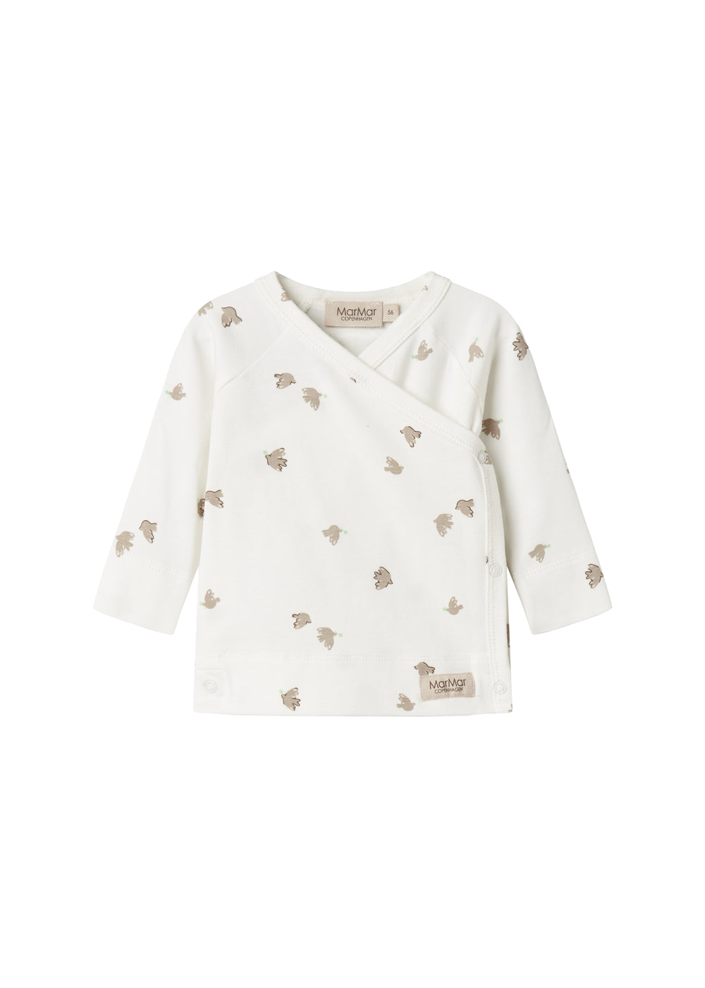 Langærmet bluse til nyfødte med slå-om-lukning og fuglmønster