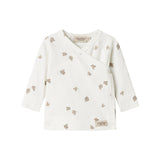 Langærmet bluse til nyfødte med slå-om-lukning og fuglmønster
