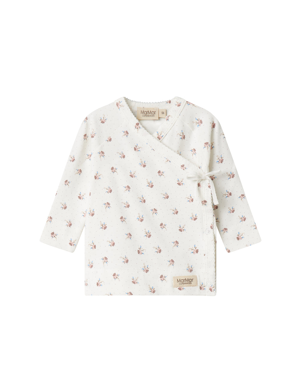 Long-sleeved blouse for newborns with wrap-around closure and floral pattern