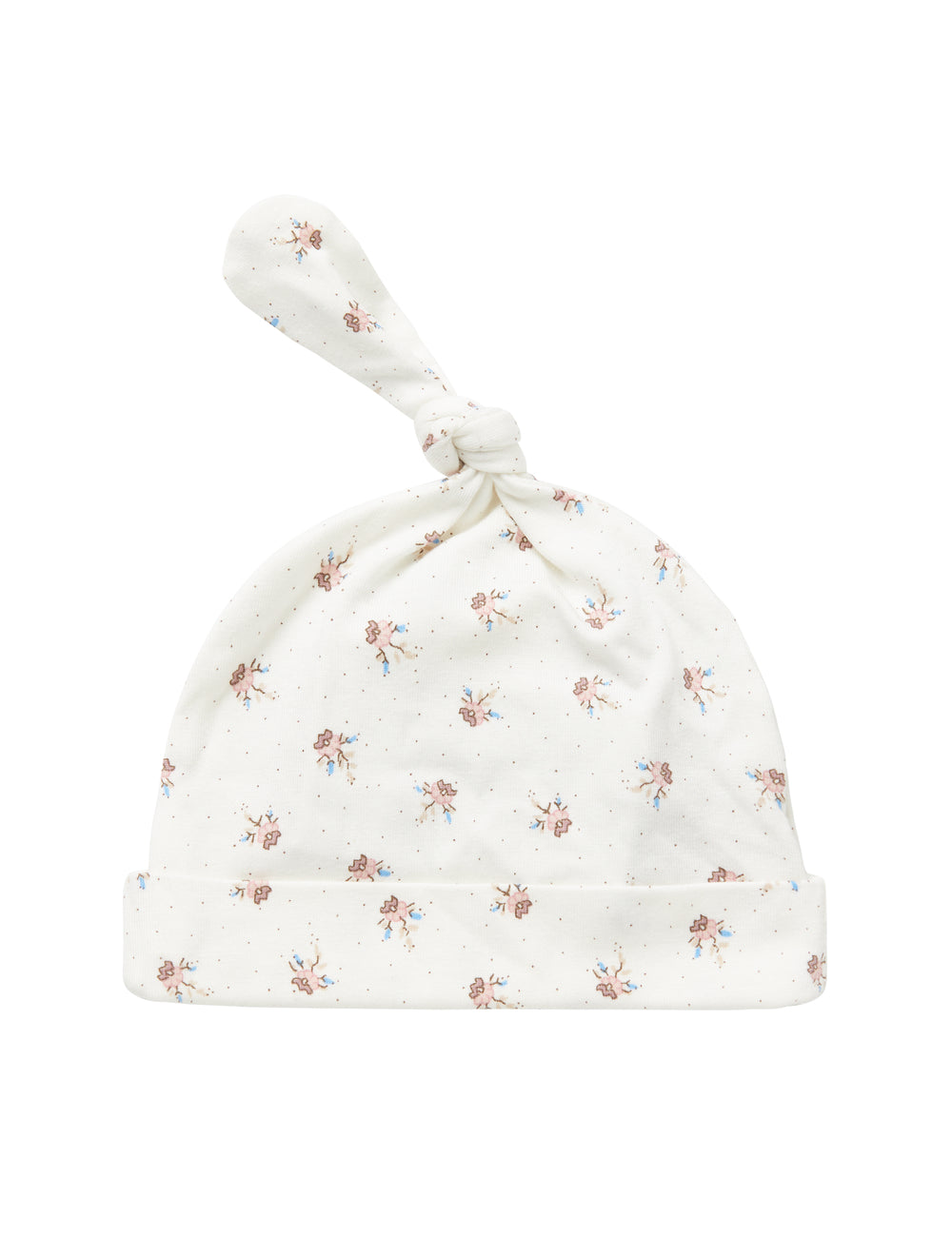 Blød babyhue med mønsterprint og knude på toppen