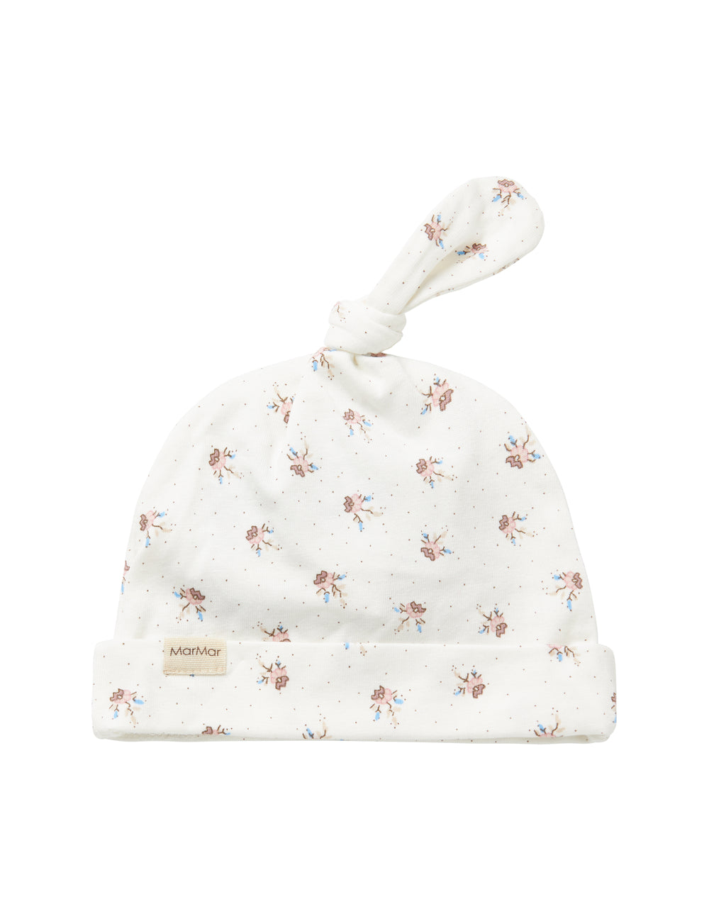 Soft baby hat with pattern print and knot at the top