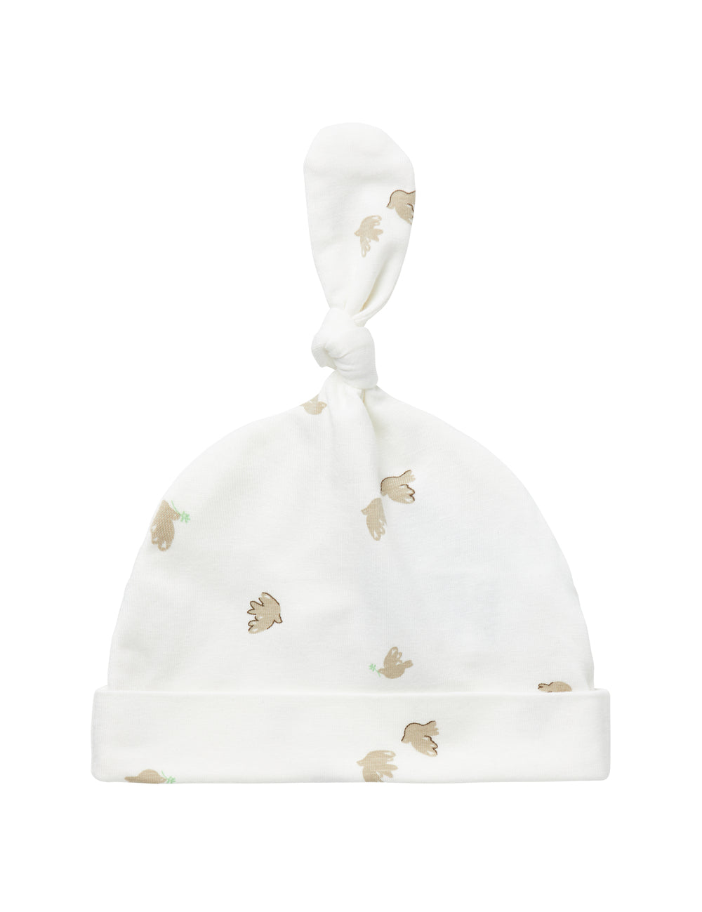 Blød babyhue med mønsterprint og knude på toppen