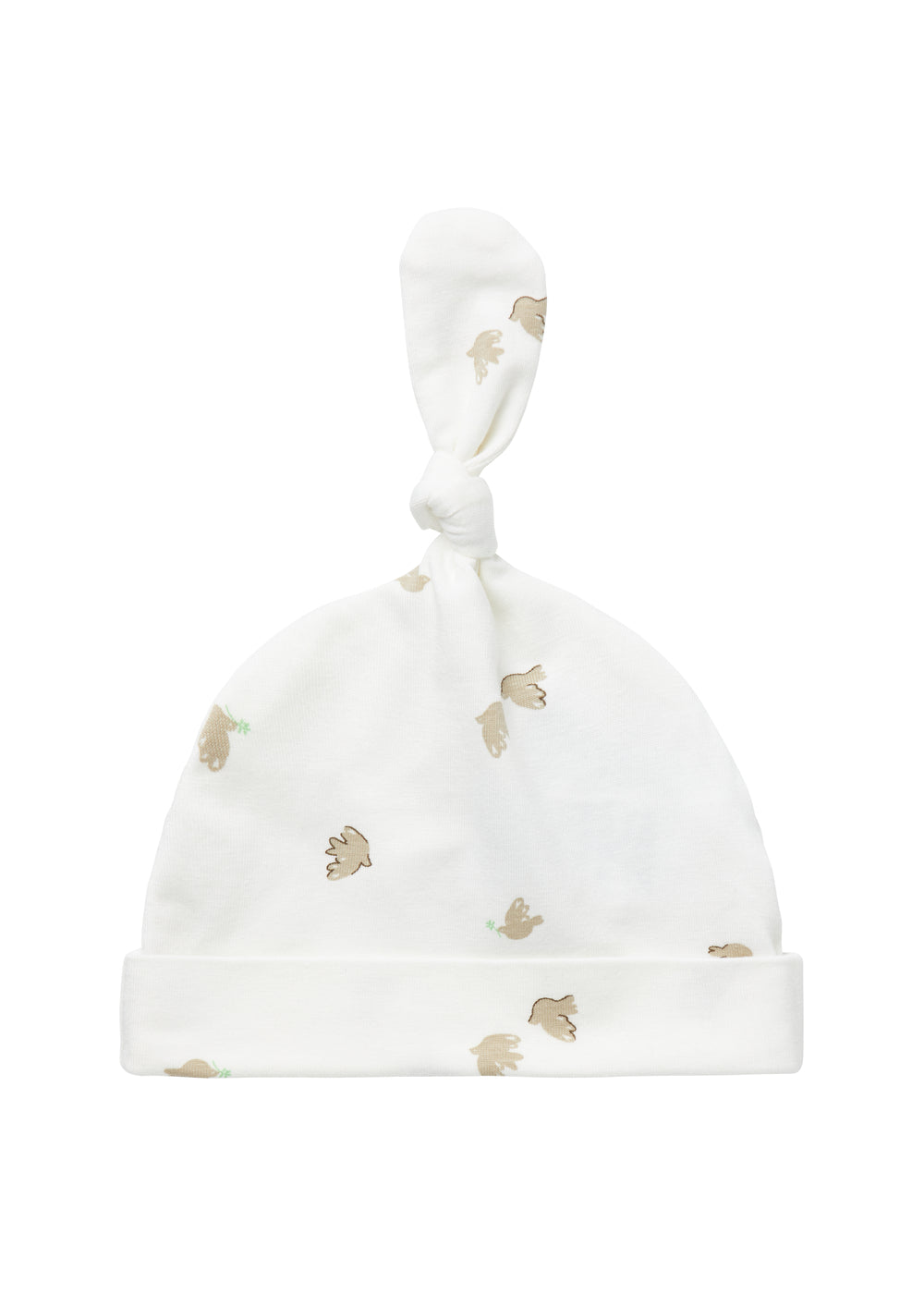 Blød babyhue med mønsterprint og knude på toppen