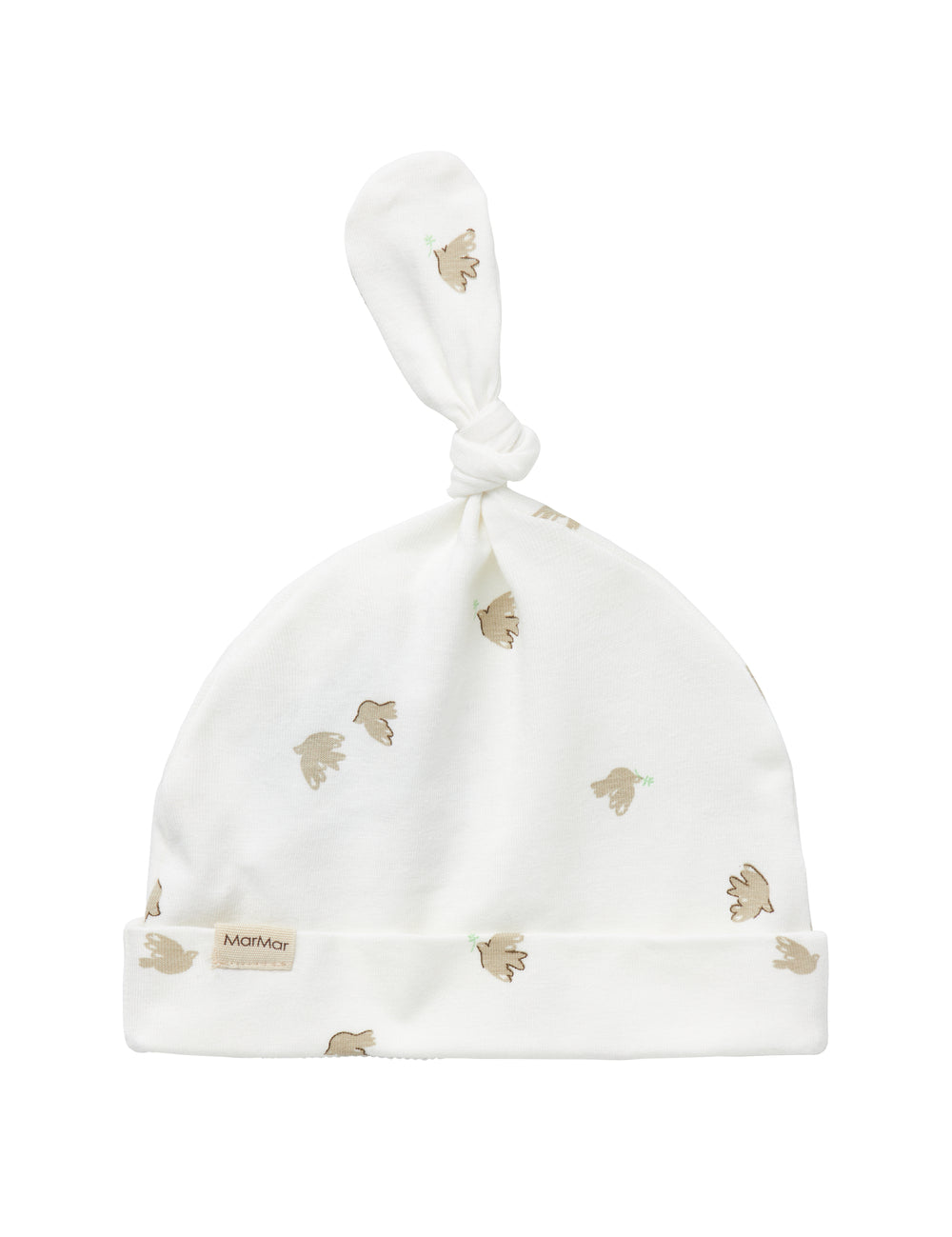 Soft baby hat with pattern print and knot at the top