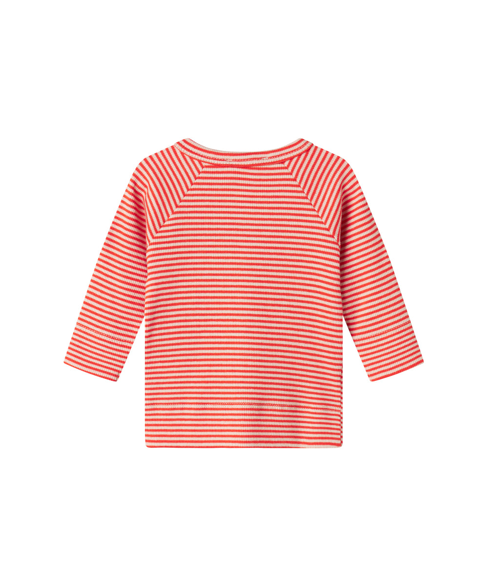 Rød- og hvidstribet cardigan til baby med knapper foran