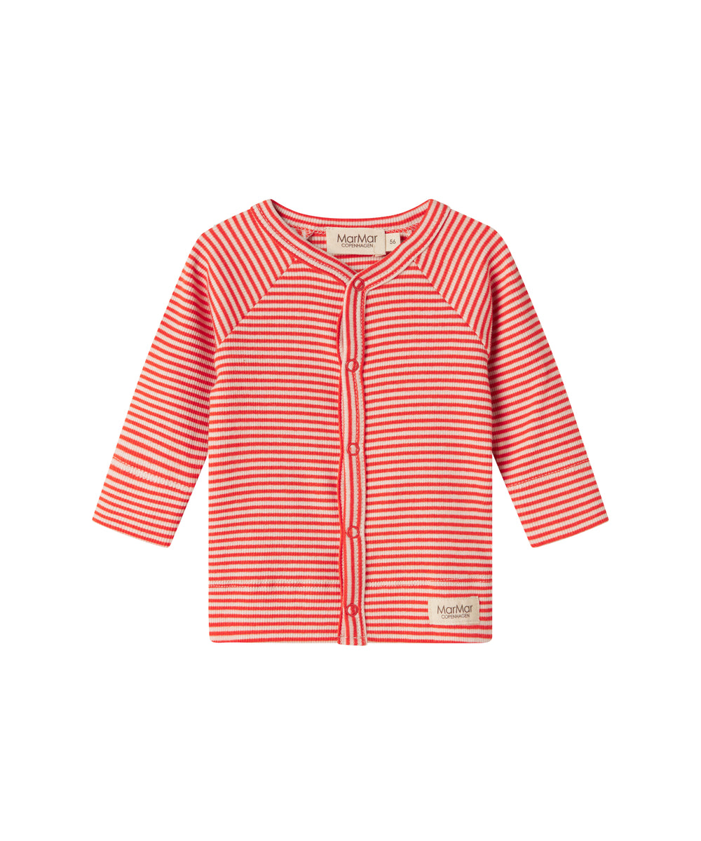 Rød- og hvidstribet cardigan til baby med knapper foran