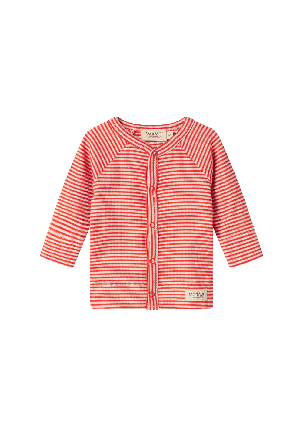 Rød- og hvidstribet cardigan til baby med knapper foran