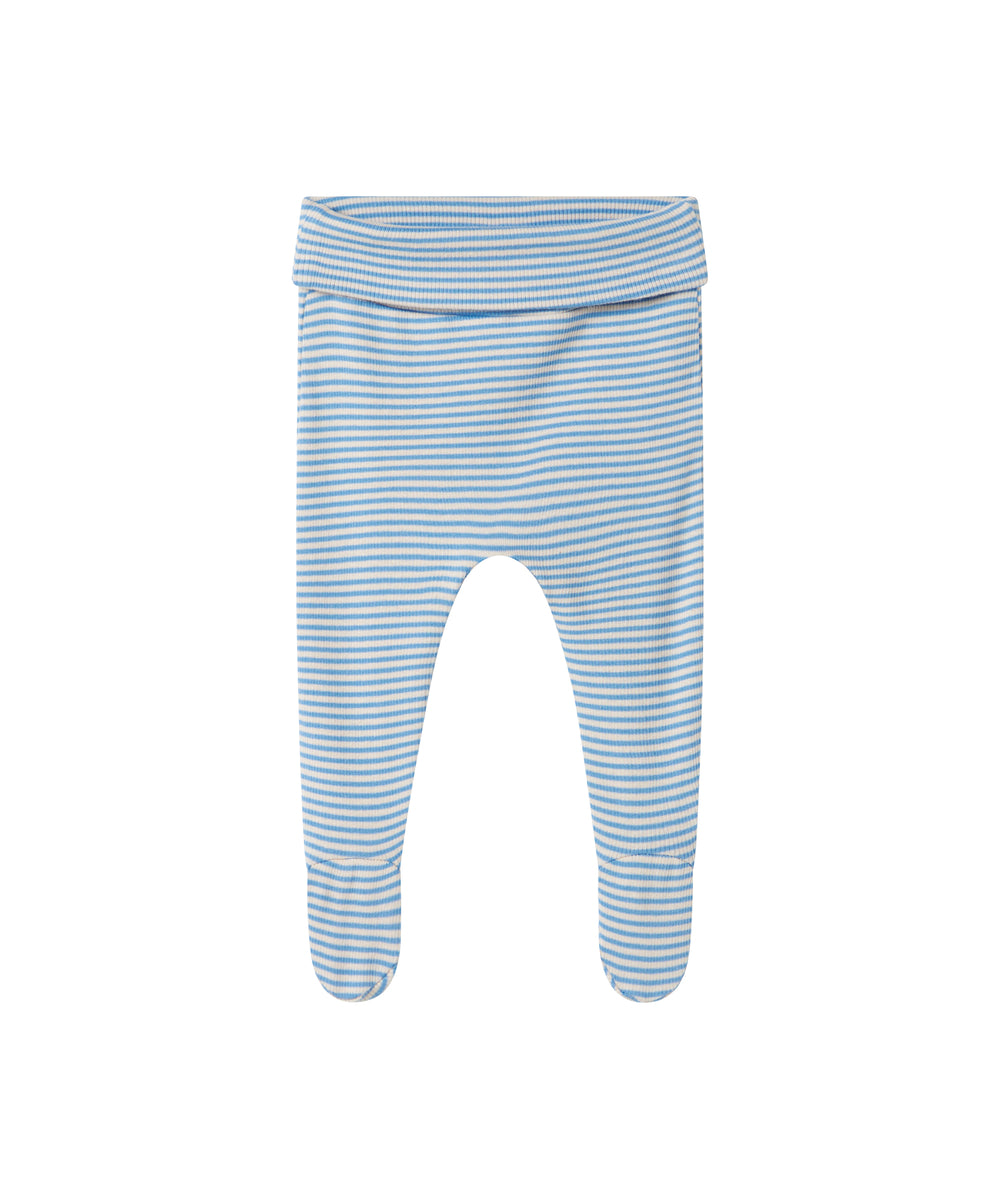 Blå og hvid stribede bukser til baby med fødder