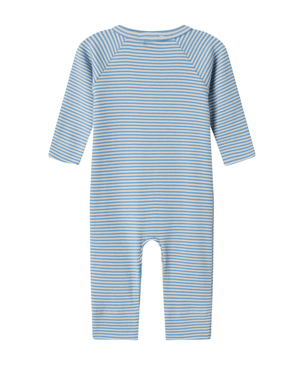 Blå og hvid stribet heldragt til baby med lange ærmer