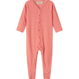 Blå og hvid stribet heldragt til baby med lange ærmer, fødder og trykknapper foran