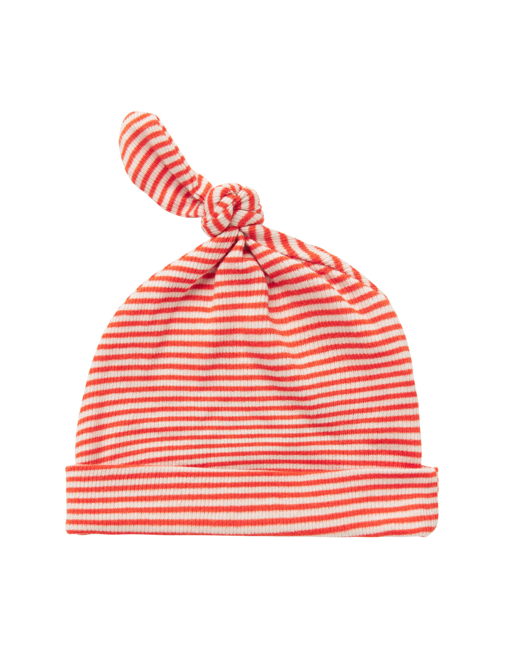 Rød og hvid stribet babyhue med knude på toppen