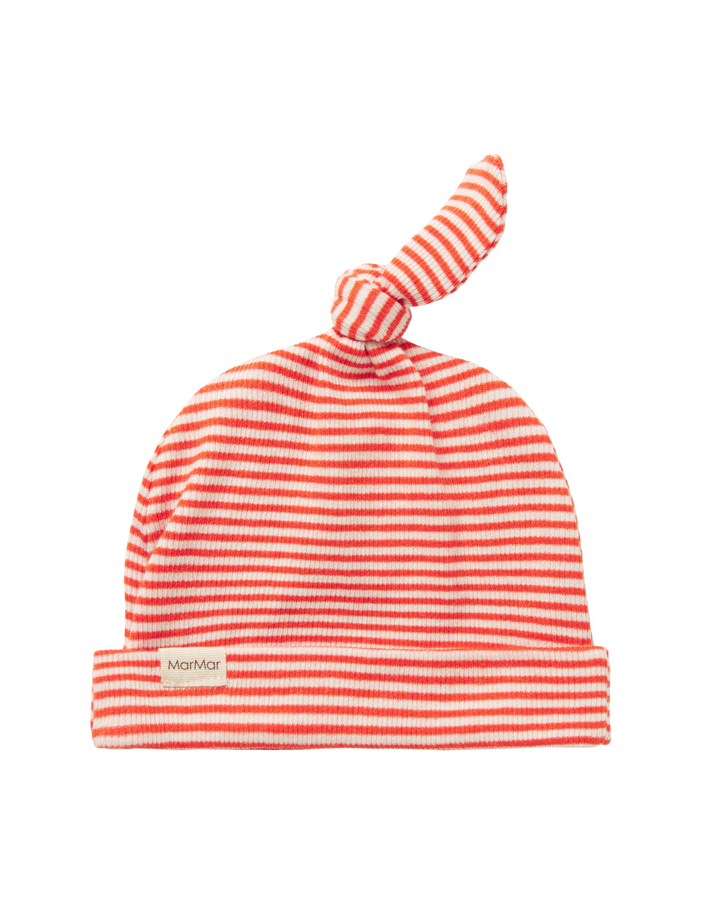 Red and white striped baby hat with knot on top