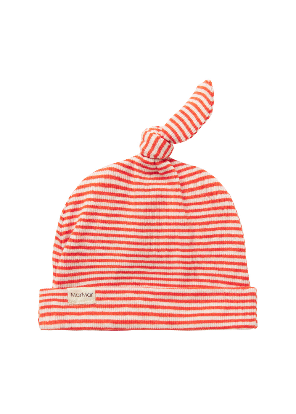 Rød og hvid stribet babyhue med knude på toppen