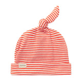 Rød og hvid stribet babyhue med knude på toppen