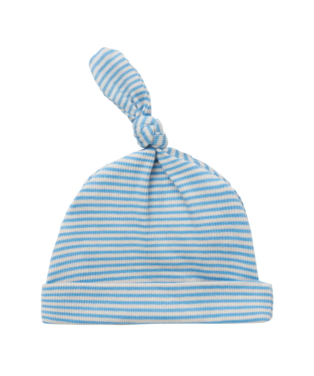 Blå og hvid stribet babyhue med knude på toppen