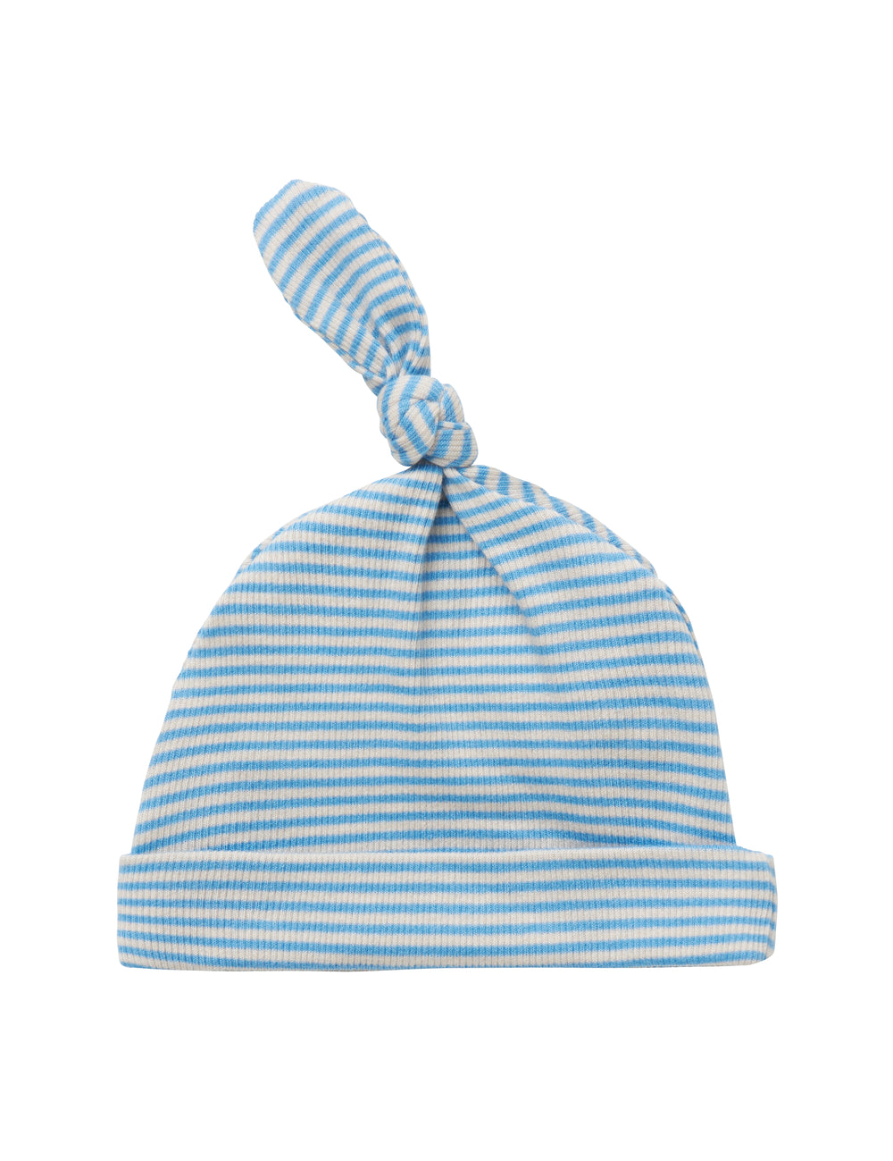 Blå og hvid stribet babyhue med knude på toppen