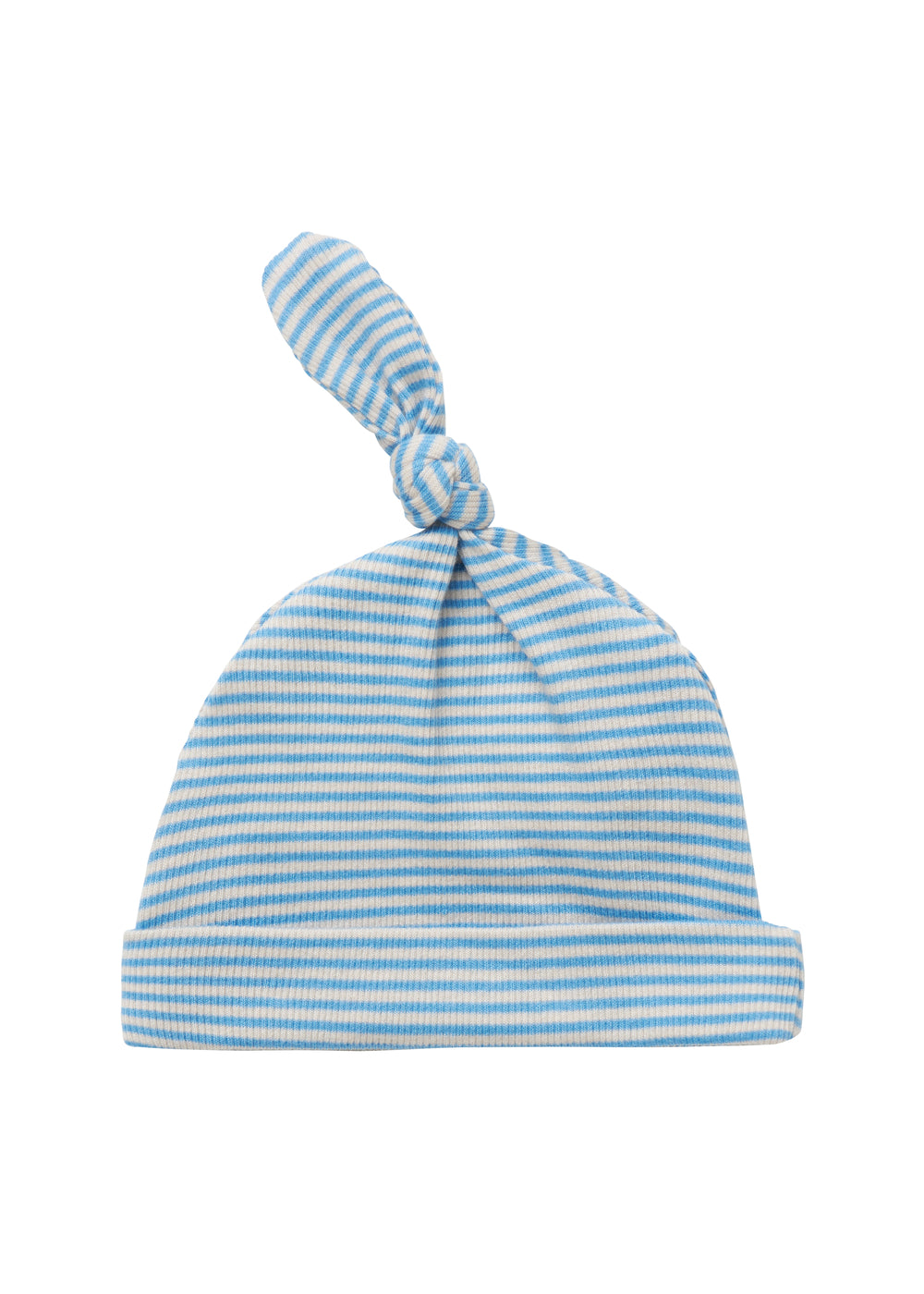Blå og hvid stribet babyhue med knude på toppen
