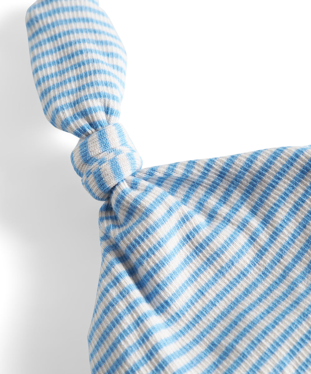 Blå og hvid stribet babyhue med knude på toppen