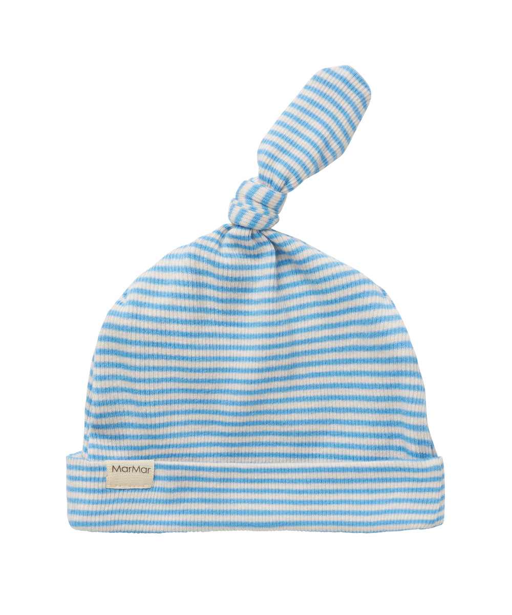 Blå og hvid stribet babyhue med knude på toppen