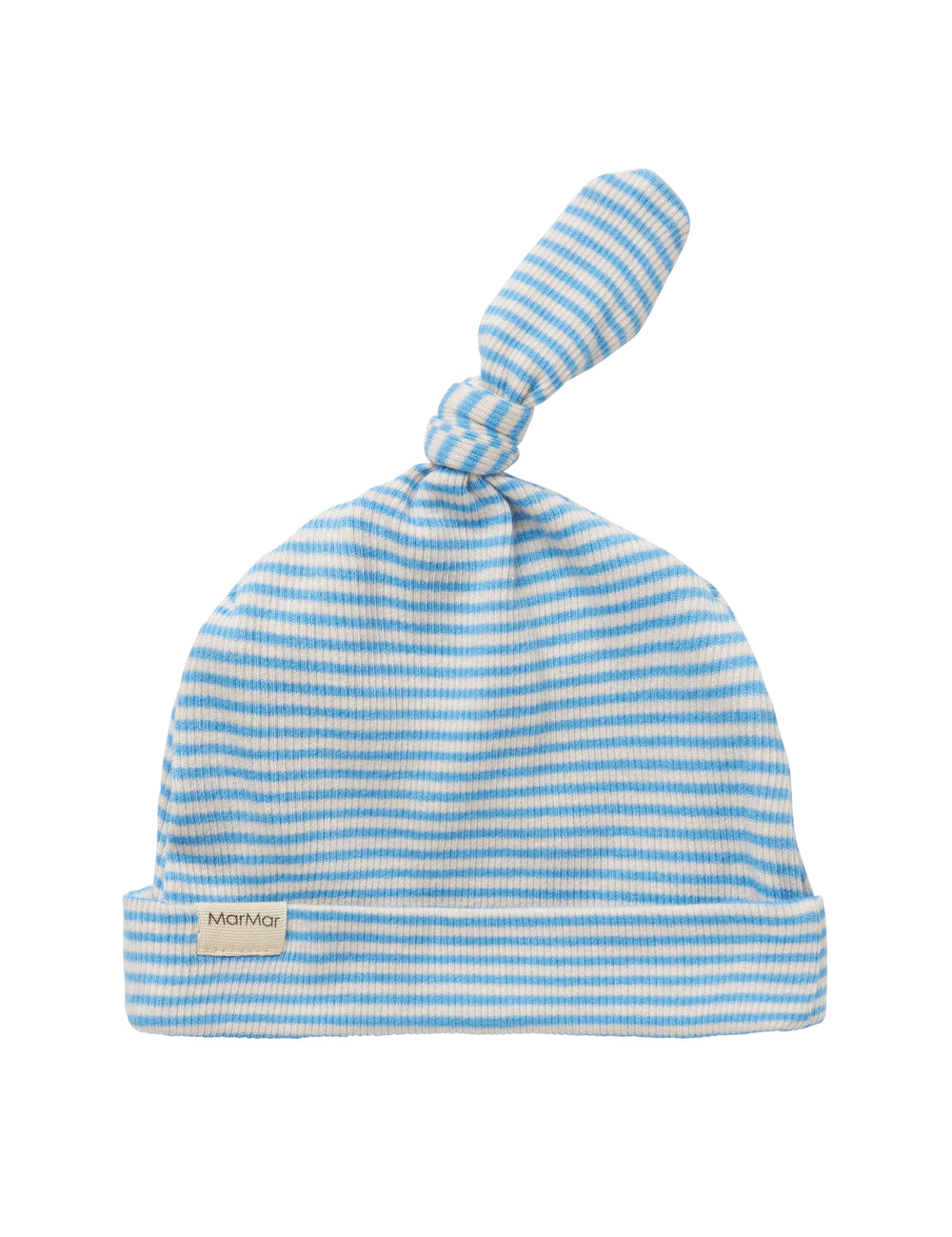 Blue and white striped baby hat with knot on top