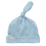 Blå og hvid stribet babyhue med knude på toppen