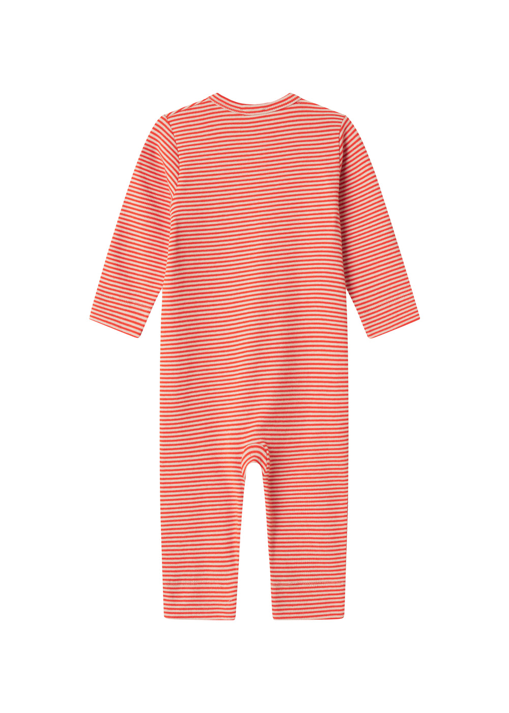 Rød og hvid stribet heldragt til baby med lange ærmer og trykknapper foran