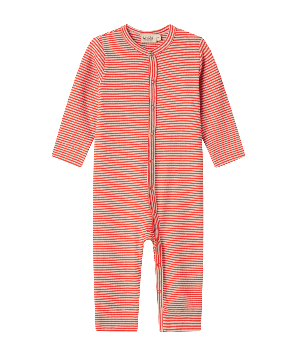 Rød og hvid stribet heldragt til baby med lange ærmer og trykknapper foran