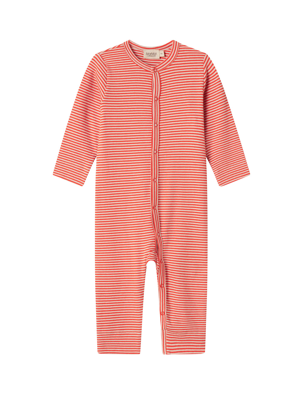 Rød og hvid stribet holdning til baby med med lange ærmer og trykknapper foran